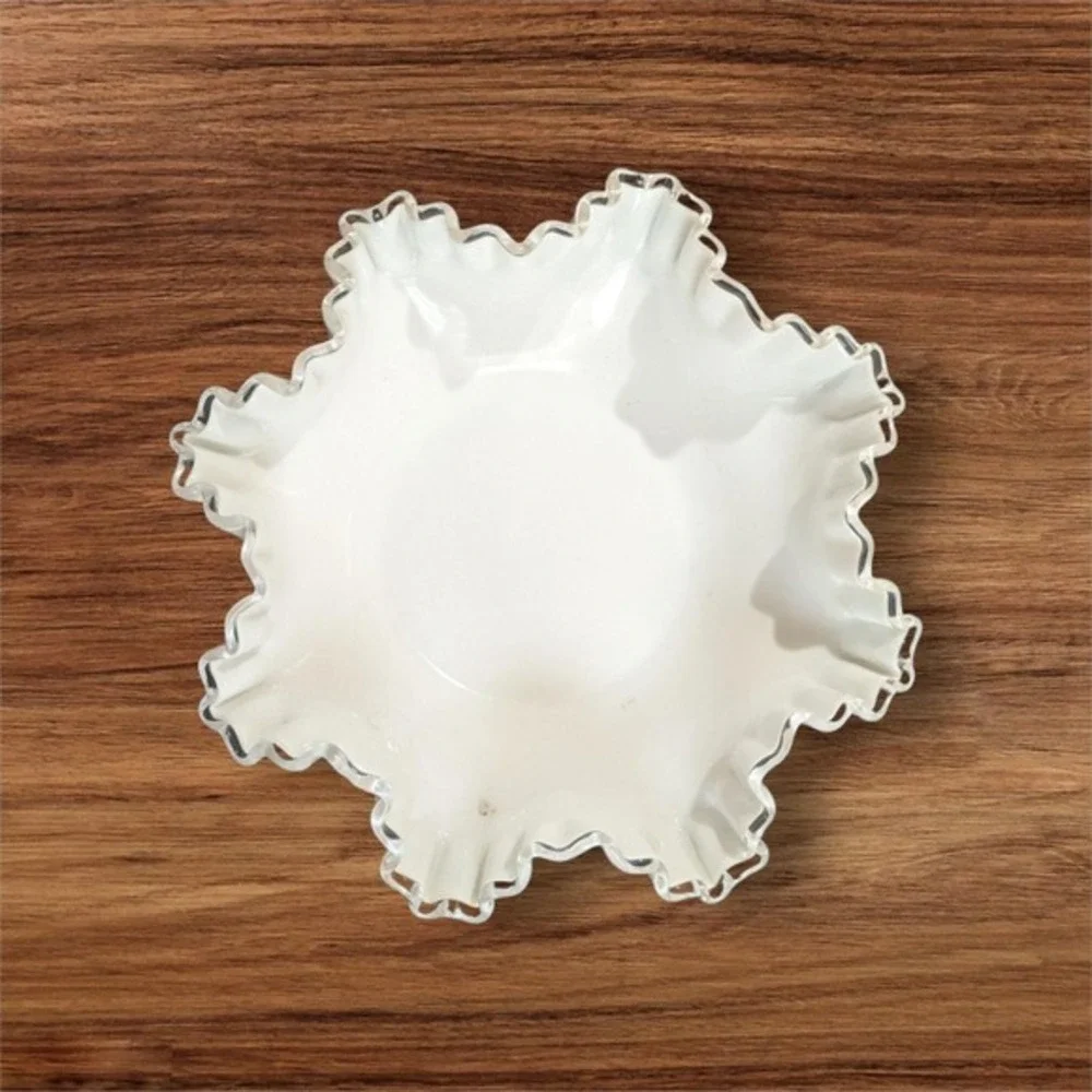 Fenton Silver Crest Milk Glass Ruffled Bowl White Clear Edge 11 inch Mid Century